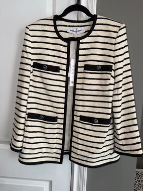 Veronica Beard Cream and Black Striped Open-Front Jacket